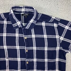Distressed Plaid Button Up Shirt Men L Navy Blue S/S Flannel Grunge y2k Skater